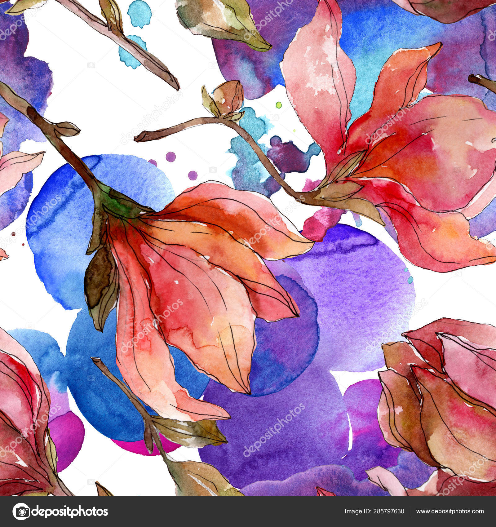 卡梅利亚花卉植物花 水彩背景插图集 无缝背景模式 图库照片 C Andreyanush