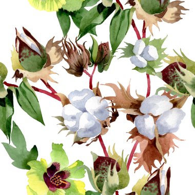 Pamuk çiçek botanik çiçekler. Yabani bahar yaprağı kır çiçeği. Suluboya illüstrasyon seti. Suluboya çizim moda aquarelle. Kusursuz arka plan deseni. Kumaş duvar kağıdı baskı doku.
