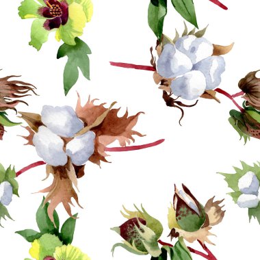 Pamuk çiçek botanik çiçekler. Yabani bahar yaprağı kır çiçeği. Suluboya illüstrasyon seti. Suluboya çizim moda aquarelle. Kusursuz arka plan deseni. Kumaş duvar kağıdı baskı doku.