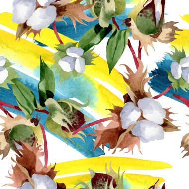 Pamuk çiçek botanik çiçekler. Yabani bahar yaprağı kır çiçeği. Suluboya illüstrasyon seti. Suluboya çizim moda aquarelle. Kusursuz arka plan deseni. Kumaş duvar kağıdı baskı doku.