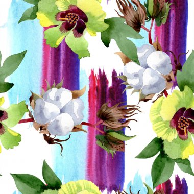 Pamuk çiçek botanik çiçekler. Yabani bahar yaprağı kır çiçeği. Suluboya illüstrasyon seti. Suluboya çizim moda aquarelle. Kusursuz arka plan deseni. Kumaş duvar kağıdı baskı doku.