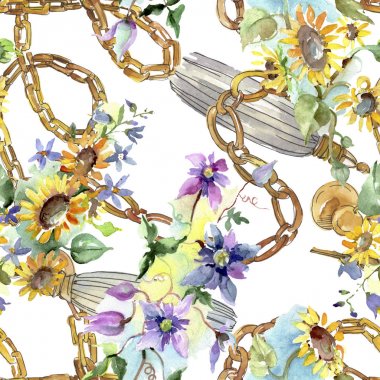 Ayçiçeği botanik çiçekleri ile buket. Yabani bahar yaprağı kır çiçeği. Suluboya illüstrasyon seti. Suluboya çizim moda aquarelle. Kusursuz arka plan deseni. Kumaş duvar kağıdı baskı doku.