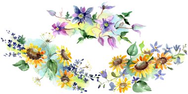 Bouquet with sunflowers floral botanical flowers. Wild spring leaf wildflower. Watercolor background illustration set. Watercolour drawing fashion aquarelle. Isolated bouquets illustration element. clipart