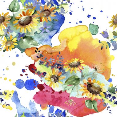 Ayçiçeği botanik çiçekleri ile buket. Yabani bahar yaprağı kır çiçeği. Suluboya illüstrasyon seti. Suluboya çizim moda aquarelle. Kusursuz arka plan deseni. Kumaş duvar kağıdı baskı doku.