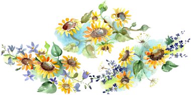 Ayçiçeği çiçek botanik çiçekleri ile buket. Yabani bahar yaprağı kır çiçeği. Suluboya arka plan illüstrasyon seti. Suluboya çizim moda aquarelle. İzole buketleri illüstrasyon elemanı.