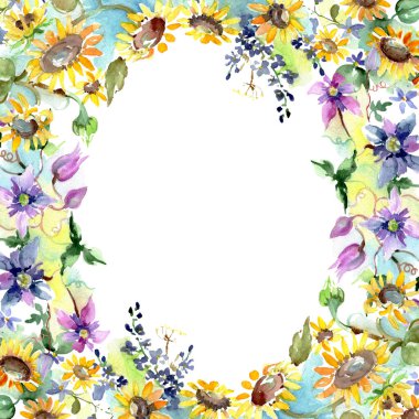 Ayçiçeği çiçek botanik çiçekleri ile buket. Yabani bahar yaprağı kır çiçeği izole. Suluboya arka plan illüstrasyon seti. Suluboya çizim moda aquarelle. Çerçeve kenarlık süs karesi.