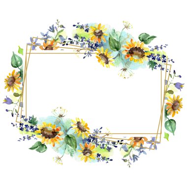 Bouquet with sunflowers floral botanical flowers. Wild spring leaf wildflower. Watercolor background illustration set. Watercolour drawing fashion aquarelle. Frame border crystal ornament square. clipart