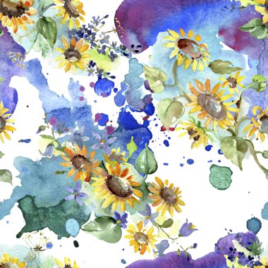 Bouquet with sunflowers botanical flowers. Wild spring leaf wildflower. Watercolor illustration set. Watercolour drawing fashion aquarelle. Seamless background pattern. Fabric wallpaper print texture. clipart
