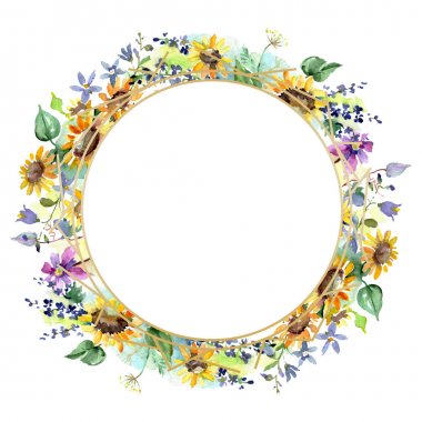 Ayçiçeği çiçek botanik çiçekleri ile buket. Yabani bahar yaprağı kır çiçeği. Suluboya arka plan illüstrasyon seti. Suluboya çizim moda aquarelle. Çerçeve kenar kristal süs kare.
