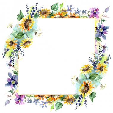Ayçiçeği çiçek botanik çiçekleri ile buket. Yabani bahar yaprağı kır çiçeği izole. Suluboya arka plan illüstrasyon seti. Suluboya çizim moda aquarelle. Çerçeve kenarlık süs karesi.