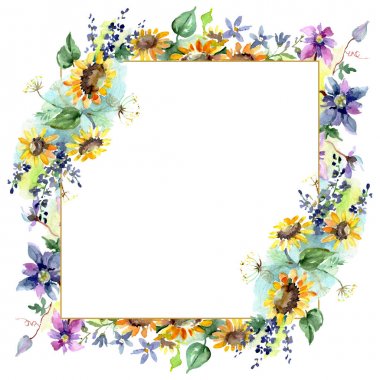 Bouquet with sunflowers floral botanical flowers. Wild spring leaf wildflower isolated. Watercolor background illustration set. Watercolour drawing fashion aquarelle. Frame border ornament square. clipart
