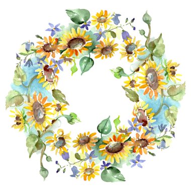 Ayçiçeği çiçek botanik çiçekleri ile buket. Yabani bahar yaprağı kır çiçeği izole. Suluboya arka plan illüstrasyon seti. Suluboya çizim moda aquarelle. Çerçeve kenarlık süs karesi.