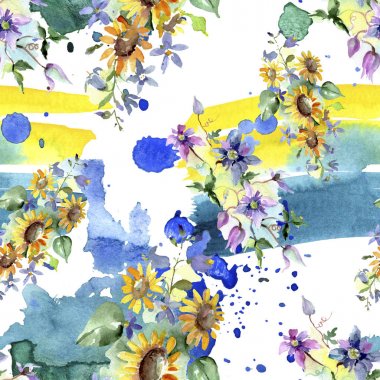 Ayçiçeği botanik çiçekleri ile buket. Yabani bahar yaprağı kır çiçeği. Suluboya illüstrasyon seti. Suluboya çizim moda aquarelle. Kusursuz arka plan deseni. Kumaş duvar kağıdı baskı doku.