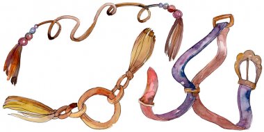 Kemerler kroki moda glamour illüstrasyon. Giysi aksesuarları trendy kıyafet ayarlayın. Suluboya arka plan illüstrasyon seti. Suluboya çizim moda aquarelle. İzole kemerler elemanı.