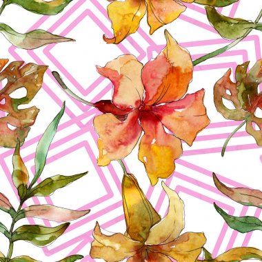 Egzotik tropikal Hawaii yaz. Suluboya arka plan illüstrasyon seti. Kesintisiz arka plan deseni.