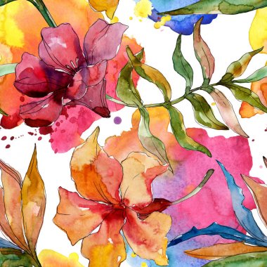 Egzotik tropikal Hawaii yaz. Suluboya arka plan illüstrasyon seti. Kesintisiz arka plan deseni.