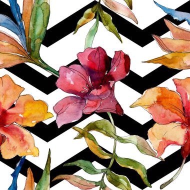 Egzotik tropikal Hawaii yaz. Suluboya arka plan illüstrasyon seti. Kesintisiz arka plan deseni.