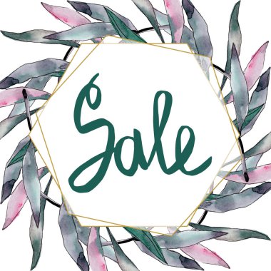 Egzotik tropikal Hawaii yaz. Palmiye plaj ağacı orman botanik bırakır. Suluboya arka plan illüstrasyon seti. Suluboya çizim moda aquarelle izole. Çerçeve kenarlık süs karesi.