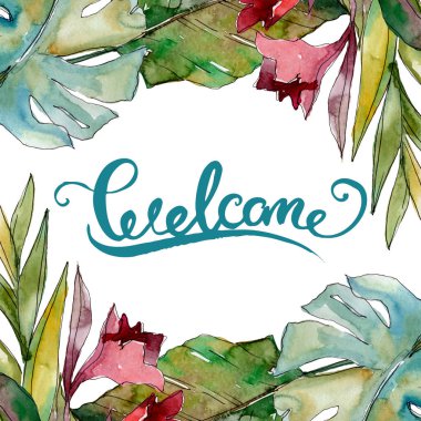 Egzotik tropikal Hawaii yaz. Palmiye plaj ağacı orman botanik bırakır. Suluboya arka plan illüstrasyon seti. Suluboya çizim moda aquarelle izole. Çerçeve kenarlık süs karesi.