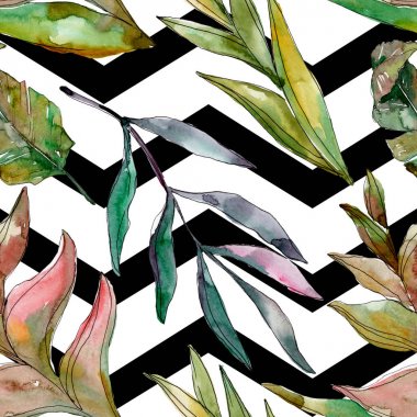 Egzotik tropikal Hawaii yaz. Palmiye plaj ağacı orman botanik bırakır. Suluboya illüstrasyon seti. Suluboya çizim kova. Kusursuz arka plan deseni. Kumaş duvar kağıdı baskı doku.