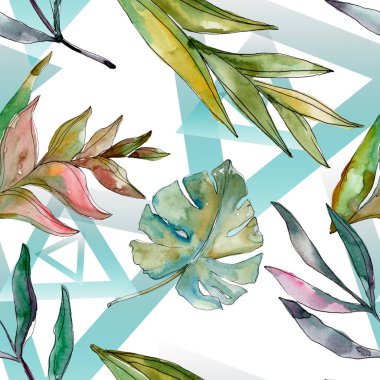 Egzotik tropikal Hawaii yaz. Palmiye plaj ağacı orman botanik bırakır. Suluboya illüstrasyon seti. Suluboya çizim kova. Kusursuz arka plan deseni. Kumaş duvar kağıdı baskı doku.