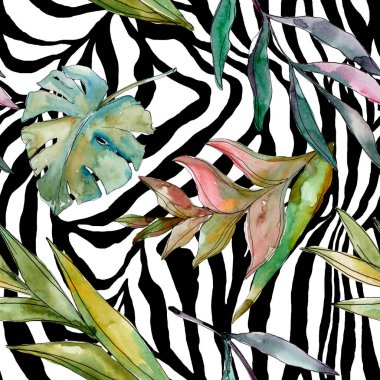 Egzotik tropikal Hawaii yaz. Palmiye plaj ağacı orman botanik bırakır. Suluboya illüstrasyon seti. Suluboya çizim kova. Kusursuz arka plan deseni. Kumaş duvar kağıdı baskı doku.