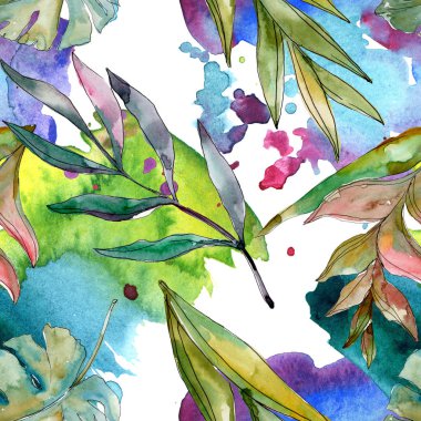 Egzotik tropikal Hawaii yaz. Palmiye plaj ağacı orman botanik bırakır. Suluboya illüstrasyon seti. Suluboya çizim kova. Kusursuz arka plan deseni. Kumaş duvar kağıdı baskı doku.