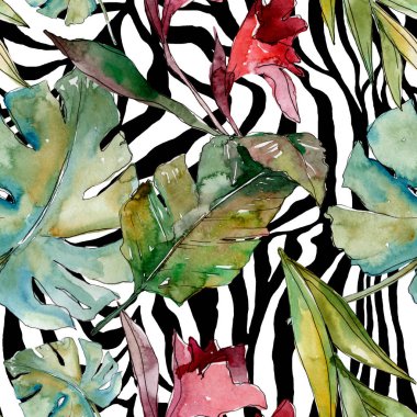 Egzotik tropikal Hawaii yaz. Palmiye plaj ağacı orman botanik bırakır. Suluboya illüstrasyon seti. Suluboya çizim kova. Kusursuz arka plan deseni. Kumaş duvar kağıdı baskı doku.