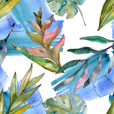 Egzotik tropikal Hawaii yaz. Palmiye plaj ağacı orman botanik bırakır. Suluboya illüstrasyon seti. Suluboya çizim kova. Kusursuz arka plan deseni. Kumaş duvar kağıdı baskı doku.