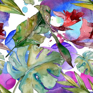 Egzotik tropikal Hawaii yaz. Palmiye plaj ağacı orman botanik bırakır. Suluboya illüstrasyon seti. Suluboya çizim kova. Kusursuz arka plan deseni. Kumaş duvar kağıdı baskı doku.