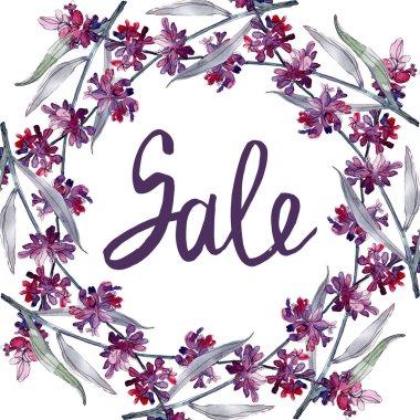 Lavanta çiçek botanik çiçekleri. Yabani bahar yaprağı kır çiçeği izole. Suluboya arka plan illüstrasyon seti. Suluboya çizim moda aquarelle izole. Çerçeve kenarlık süs karesi.