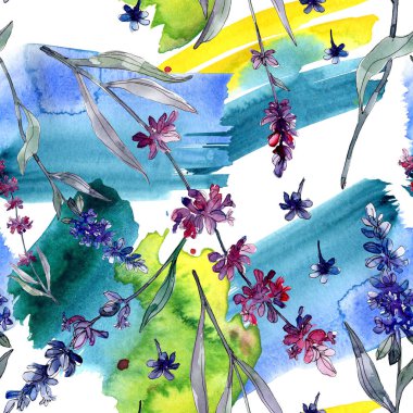 Lavanta çiçek botanik çiçekleri. Yabani bahar yaprağı kır çiçeği. Suluboya illüstrasyon seti. Suluboya çizim moda aquarelle. Kusursuz arka plan deseni. Kumaş duvar kağıdı baskı doku.