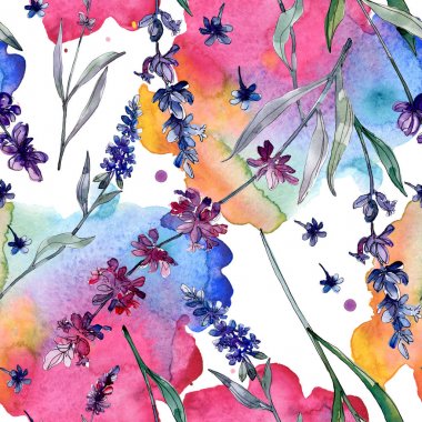 Lavanta çiçek botanik çiçekleri. Yabani bahar yaprağı kır çiçeği. Suluboya illüstrasyon seti. Suluboya çizim moda aquarelle. Kusursuz arka plan deseni. Kumaş duvar kağıdı baskı doku.