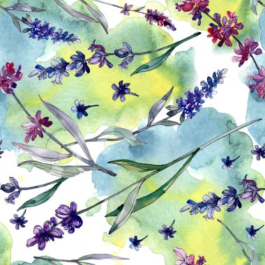 Lavanta çiçek botanik çiçekleri. Yabani bahar yaprağı kır çiçeği. Suluboya illüstrasyon seti. Suluboya çizim moda aquarelle. Kusursuz arka plan deseni. Kumaş duvar kağıdı baskı doku.