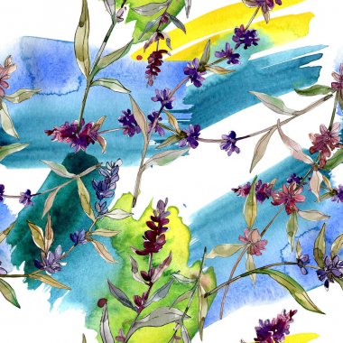 Mor lavanta çiçek botanik çiçekleri. Yabani bahar yaprağı kır çiçeği. Suluboya illüstrasyon seti. Suluboya çizim moda aquarelle. Kusursuz arka plan deseni. Kumaş duvar kağıdı baskı doku.
