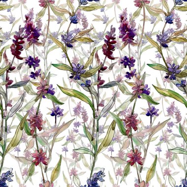 Purple lavender floral botanical flowers. Wild spring leaf wildflower. Watercolor illustration set. Watercolour drawing fashion aquarelle. Seamless background pattern. Fabric wallpaper print texture. clipart