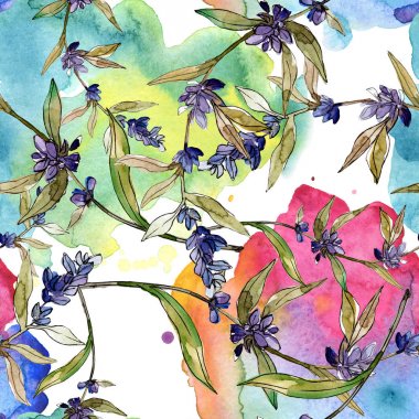 Mor lavanta çiçek botanik çiçekleri. Yabani bahar yaprağı kır çiçeği. Suluboya illüstrasyon seti. Suluboya çizim moda aquarelle. Kusursuz arka plan deseni. Kumaş duvar kağıdı baskı doku.