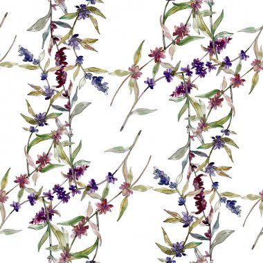 Mor lavanta çiçek botanik çiçekleri. Yabani bahar yaprağı kır çiçeği. Suluboya illüstrasyon seti. Suluboya çizim moda aquarelle. Kusursuz arka plan deseni. Kumaş duvar kağıdı baskı doku.