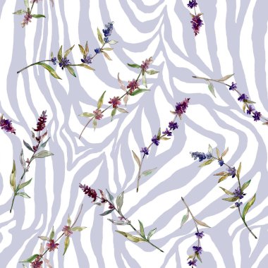 Mor lavanta çiçek botanik çiçekleri. Yabani bahar yaprağı kır çiçeği. Suluboya illüstrasyon seti. Suluboya çizim moda aquarelle. Kusursuz arka plan deseni. Kumaş duvar kağıdı baskı doku.