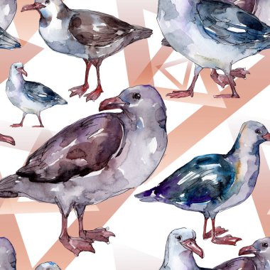 Sky bird seagull in a wildlife. Wild freedom, bird with a flying wings. Watercolor illustration set. Watercolour drawing fashion aquarelle. Seamless background pattern. Fabric wallpaper print texture. clipart