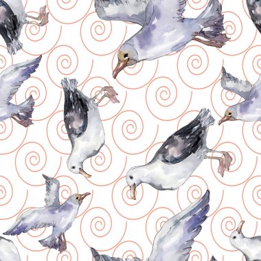 Vahşi yaşamda gökyüzü kuşu martı. Vahşi özgürlük, uçan kanatlı kuş. Suluboya illüstrasyon seti. Suluboya çizim moda aquarelle. Kusursuz arka plan deseni. Kumaş duvar kağıdı baskı doku.