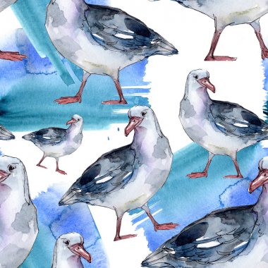 Vahşi yaşamda gökyüzü kuşu martı. Vahşi özgürlük, uçan kanatlı kuş. Suluboya illüstrasyon seti. Suluboya çizim moda aquarelle. Kusursuz arka plan deseni. Kumaş duvar kağıdı baskı doku.