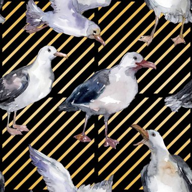 Vahşi yaşamda gökyüzü kuşu martı. Vahşi özgürlük, uçan kanatlı kuş. Suluboya illüstrasyon seti. Suluboya çizim moda aquarelle. Kusursuz arka plan deseni. Kumaş duvar kağıdı baskı doku.