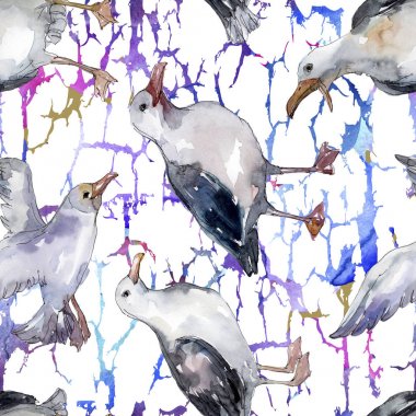 Vahşi yaşamda gökyüzü kuşu martı. Vahşi özgürlük, uçan kanatlı kuş. Suluboya illüstrasyon seti. Suluboya çizim moda aquarelle. Kusursuz arka plan deseni. Kumaş duvar kağıdı baskı doku.