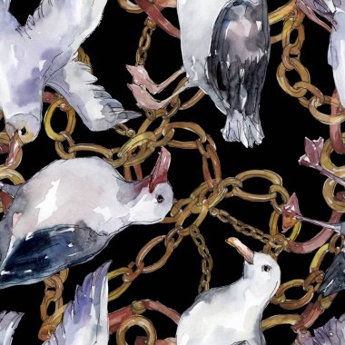 Vahşi yaşamda gökyüzü kuşu martı. Vahşi özgürlük, uçan kanatlı kuş. Suluboya illüstrasyon seti. Suluboya çizim moda aquarelle. Kusursuz arka plan deseni. Kumaş duvar kağıdı baskı doku.