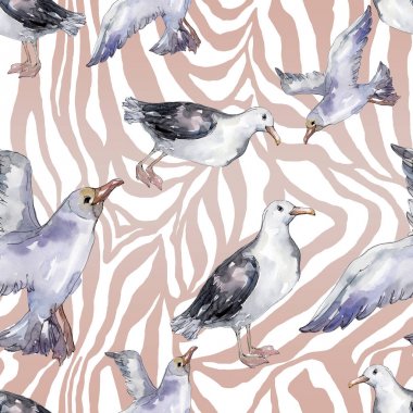 Vahşi yaşamda gökyüzü kuşu martı. Vahşi özgürlük, uçan kanatlı kuş. Suluboya illüstrasyon seti. Suluboya çizim moda aquarelle. Kusursuz arka plan deseni. Kumaş duvar kağıdı baskı doku.