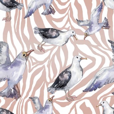 Sky bird seagull in a wildlife. Wild freedom, bird with a flying wings. Watercolor illustration set. Watercolour drawing fashion aquarelle. Seamless background pattern. Fabric wallpaper print texture. clipart