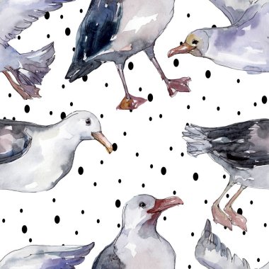 Vahşi yaşamda gökyüzü kuşu martı. Vahşi özgürlük, uçan kanatlı kuş. Suluboya illüstrasyon seti. Suluboya çizim moda aquarelle. Kusursuz arka plan deseni. Kumaş duvar kağıdı baskı doku.