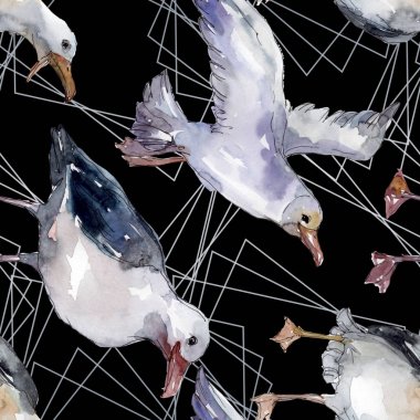 Vahşi yaşamda gökyüzü kuşu martı. Vahşi özgürlük, uçan kanatlı kuş. Suluboya illüstrasyon seti. Suluboya çizim moda aquarelle. Kusursuz arka plan deseni. Kumaş duvar kağıdı baskı doku.