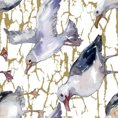 Vahşi yaşamda gökyüzü kuşu martı. Vahşi özgürlük, uçan kanatlı kuş. Suluboya illüstrasyon seti. Suluboya çizim moda aquarelle. Kusursuz arka plan deseni. Kumaş duvar kağıdı baskı doku.